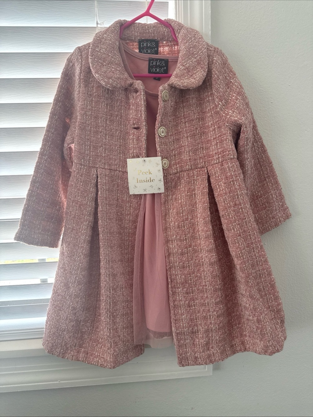 Girls' Pink Tweed Dress Coat with Pleated Skirt
